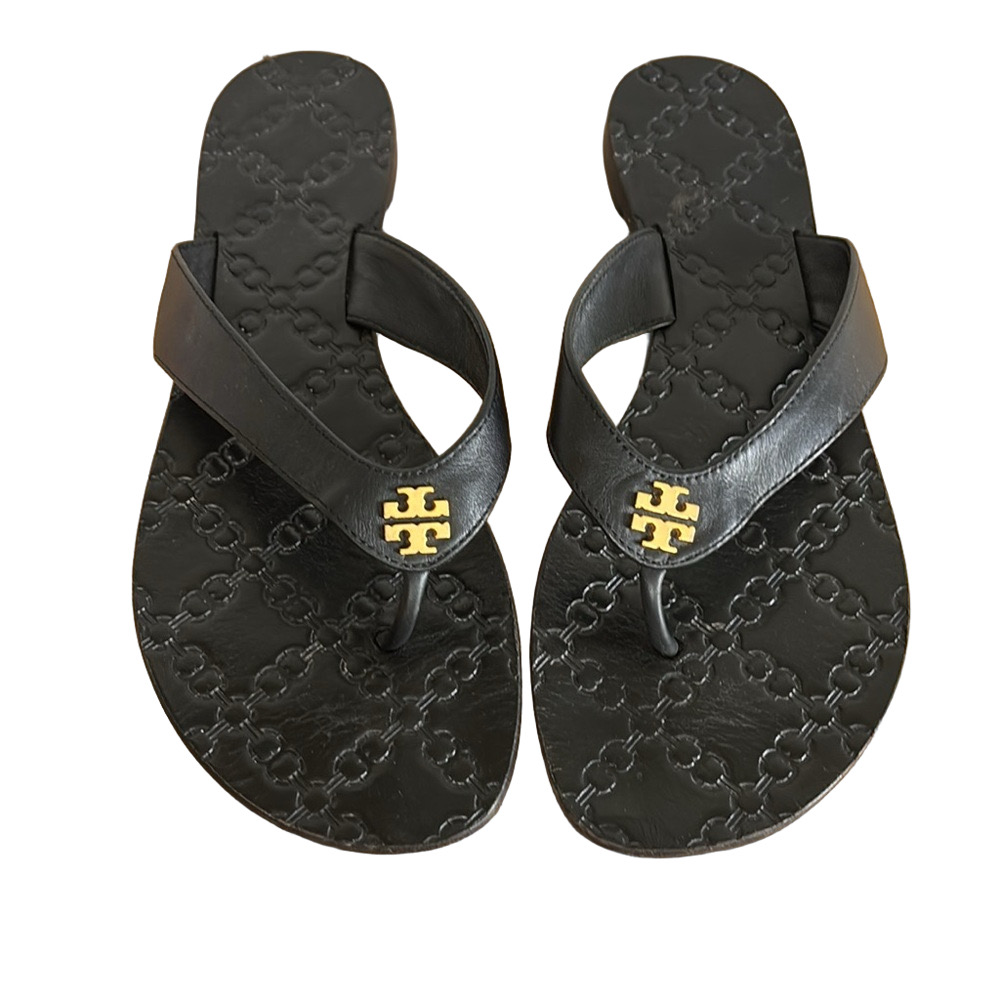 Tory Burch Black Sandals with Gold Logo